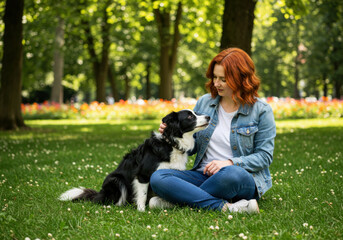 Fototapeta premium Woman gently stroking Border Collie dog in park