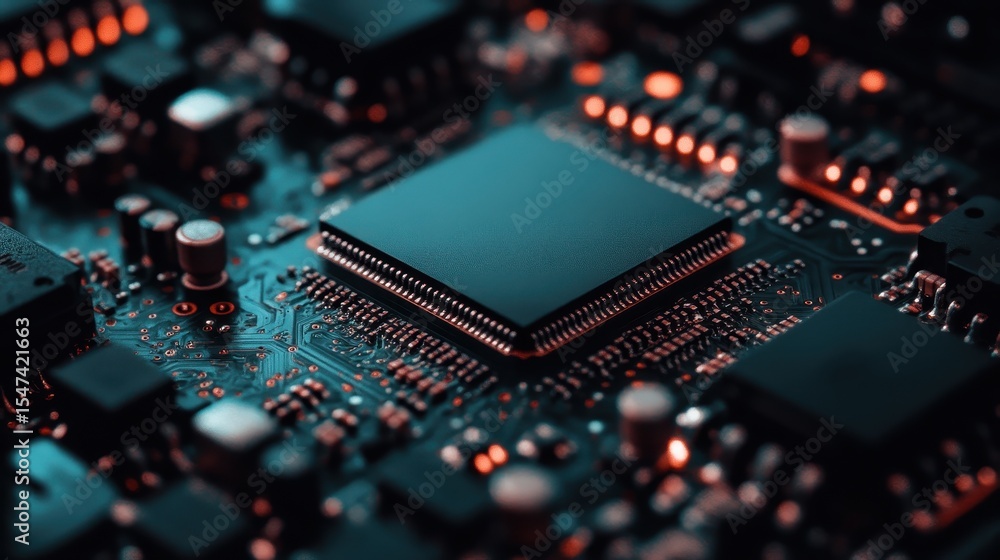 Poster an intricate close-up view of a modern circuit board reveals the complex relationships between compo