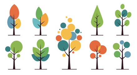 Stylized Geometric Tree Illustrations Collection Isolated On White Background