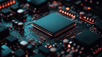 Obraz premium An intricate close-up view of a modern circuit board reveals the complex relationships between components, showcasing the beauty and innovation of contemporary technology.