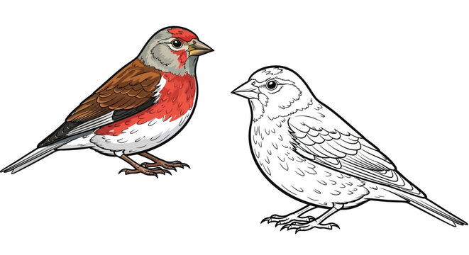 Common Linnet Coloring Page with One Colored and One Outline Bird Garden Birds Art