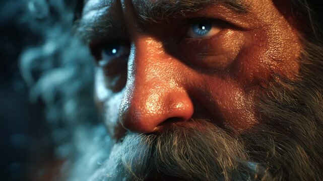 Intense close-ups of a wise, weathered face of an o Moses with piercing eyes and a majestic beard, evoking biblical themes of wisdom and prophecy, with dramatic lighting enhancing the emotional depth.