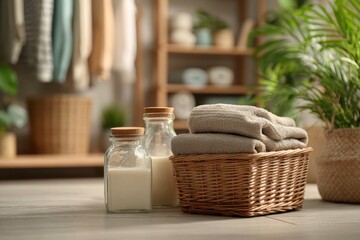 Fototapeta premium Minimalist interior design with neatly folded towels in a wicker basket, glass jars with organic liquid soap, indoor plants, and a closet in soft natural light setting.