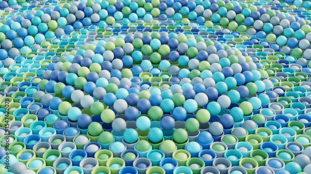 Poster abstract 3d render with soft geometric movement in calm blue, green, and silver tones. seamless loop
