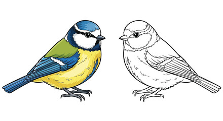 Eurasian Blue Tit Coloring Page with Realistic and Outline Birds Garden Bird Art Activity