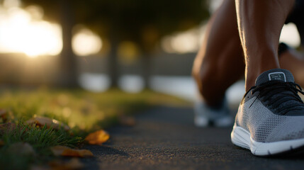Athletic man warming up with deep stretch on paved path during golden hour in scenic public park, runner stretching, male athlete, sunset fitness, golden hour workout, leg muscles, outdoor exercise, 