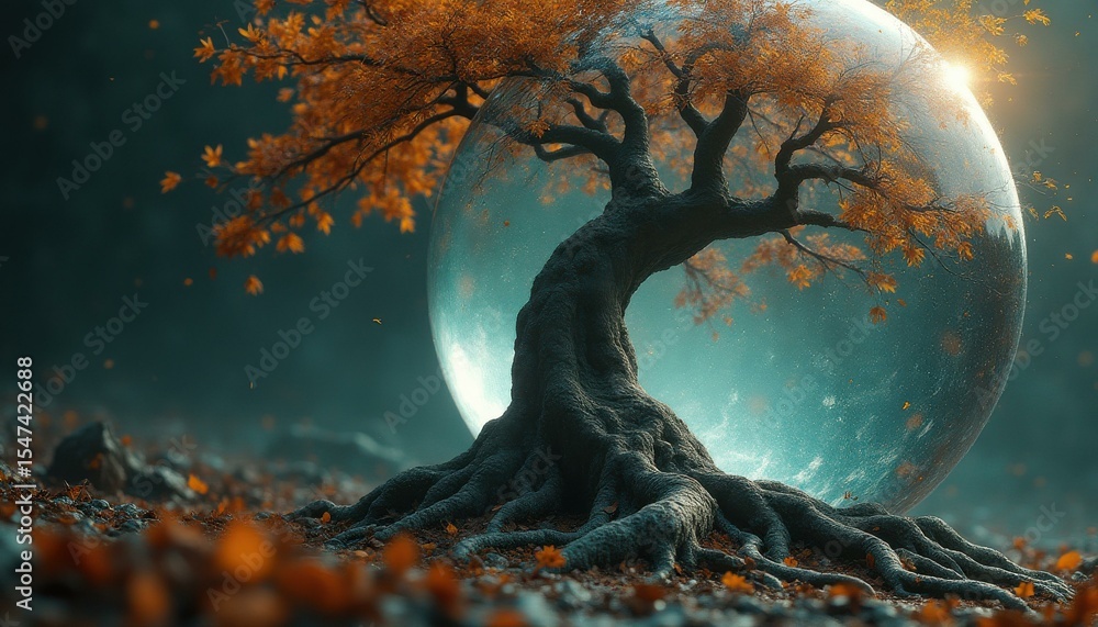 Poster gnarled tree with autumn leaves and translucent sphere at dusk