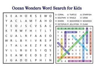 Ocean Wonders Word Search Puzzle for Kids Featuring Sea Creatures