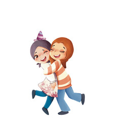 Cartoon illustration of two hijabi girls hugging joyfully with bright and friendly expressions. One girl wears a birthday hat, creating a cheerful and heartwarming moment of friendship.