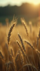 Fototapeta premium Golden wheat stalks swaying in serene sunset field