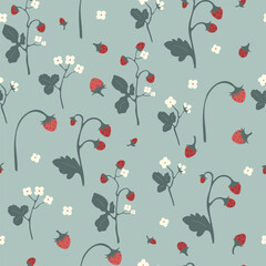 Seamless pattern with cartoon strawberry , leaves and flowers. Vector illustration.	
