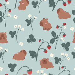 Seamless pattern with capybaras, strawberries and flowers. Vector illustration with cute hand drawn animals and berries.