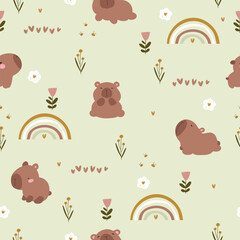 Seamless pattern with capybaras, rainbows and flowers, vector illustration with animals on pastel background.	
