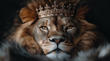 Naklejka premium A striking image of a lion wearing a golden crown, gazing majestically into the distance, evoking a sense of power, nobility, and the wild beauty of nature's fiercest predator.