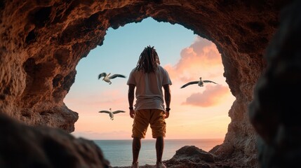 A silhouette of a person stands in a cave, gazing at a breathtaking sunset over the ocean, with seagulls flying against the colorful sky, evoking a sense of peace and wonder.