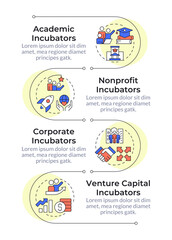 Startup incubators different types infographic vertical sequence. Teamwork organization, goal. Visualization infochart with 4 steps. Circles workflow. Montserrat SemiBold, Lato Regular fonts used