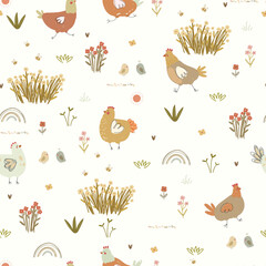 Hand drawn pattern with chicken, small chiks, rainbows and hearts, seamless pattern. Vector illustration with cute farm animals and plants	
