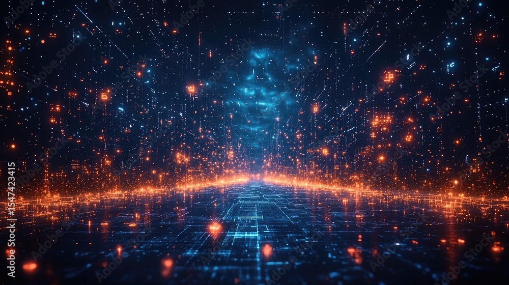 Poster digital network highway with glowing data streams.