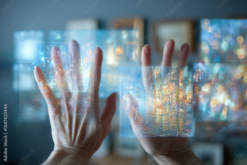 Poster hands interacting with a futuristic interface displaying cityscape images, creating a sense of immer