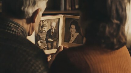 Elderly couple looking at vintage photos
