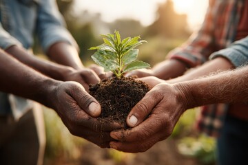 Close-up of a group of diverse hands gently holding a seedling with soil, symbolizing growth and hope, unity in planting for a sustainable future, and shared responsibility.