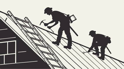 Two male silhouette roofers installing or repairing a house roof with a ladder. Black and white vintage illustration depicting skilled construction workers.