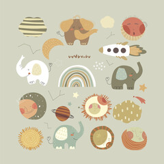 Set with  hand drawn animals, planets, clouds, stars and rainbows. Vector illustration with cute animals and space.