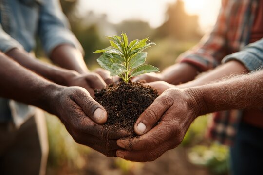 Close-up of a group of diverse hands gently holding a seedling with soil, symbolizing growth and hope, unity in planting for a sustainable future, and shared responsibility.
