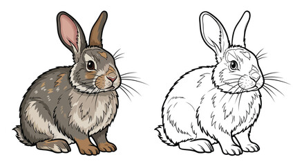 European Rabbit Coloring Page with Colored and Outline Animals Woodland Wildlife Art