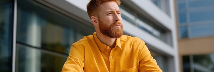 Young caucasian male in orange shirt outdoors