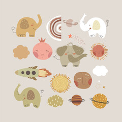 Set with cute animals, planets, clouds, and rainbows. Vector illustration with hand drawn animals and space.