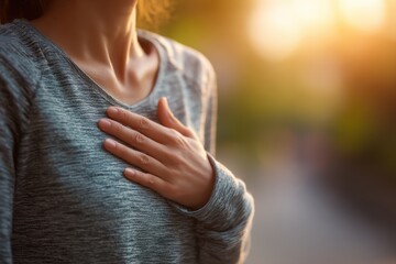A woman's gentle hand resting on her chest, symbolizing compassion, self-care and mindfulness, with a blurred background of warm, natural sunlight and soft bokeh effect.