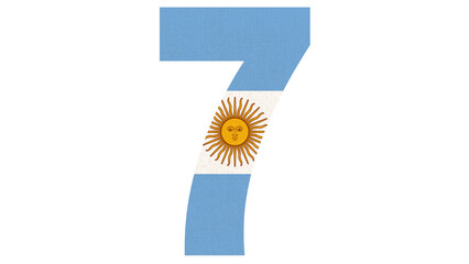 Number seven with Argentina flag colors and sun symbol on a white background.