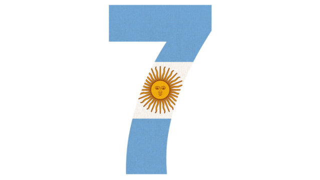 Number seven with Argentina flag colors and sun symbol on a white background.