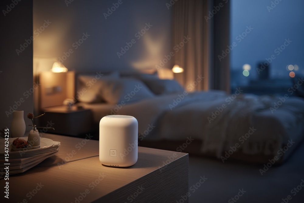 Poster a modern humidifier in a cozy bedroom setting, creating a calming and restful atmosphere with soft l