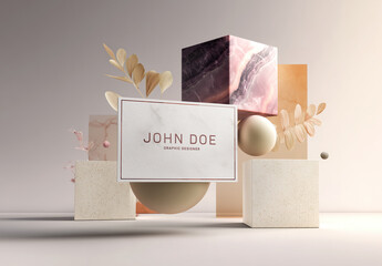 Business Card Floating Between Minimalist Modern Elements Mockup