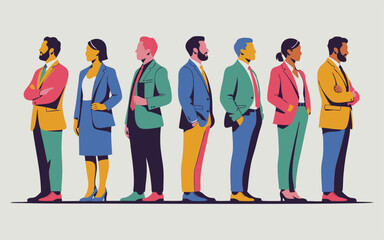 Obraz premium Diverse Group of Professionals in Colorful Suits Standing in a Row, Side View