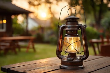 A vintage lantern glows warmly on a wooden table in a tranquil garden setting, creating a cozy and inviting atmosphere at golden hour.