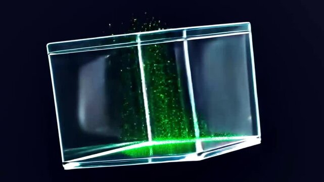 Tiny green particles flicker like digital code inside a clear 3D cube, slowly rotating in space against a black background.