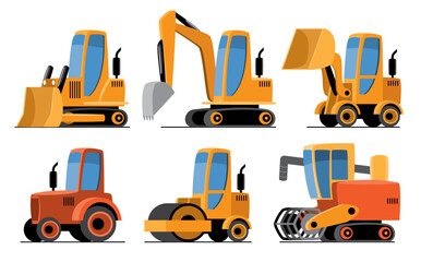 Industrial or Construction Vehicles set cartoon illustration included Wheel Loader, Excavator, Backhoe, Bulldozer, Road Roller, Skid Steer Loader . Flat design . Isolate on white background . Vector .