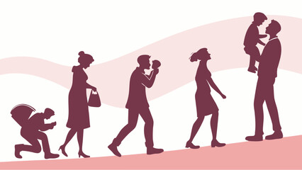 Obraz premium Vector illustration of human life stages and personal growth, showing people evolving from struggle to family on an uphill path, minimalist silhouette art.