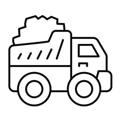 Coal truck vehicle thin line icon, climate change concept. Vector graphics. Coal mining transport sign on white background, style mobile or design.
