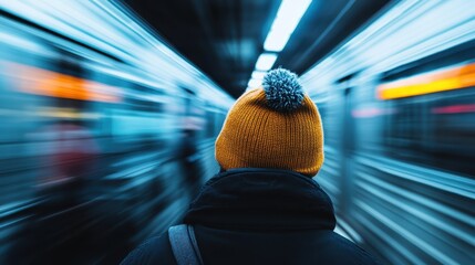A person in a yellow beanie stands amidst a blurred urban subway scene, capturing the thrilling sense of motion and modernity that defines city life and daily commuting experiences.