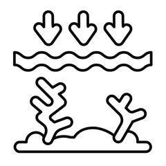 Water surface toxine with sea flora thin line icon, ecology pollution concept. Vector graphics. Underwater coral and silt sign on white background, style mobile or design.