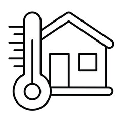Thermometer with cottage building thin line icon, climate change concept. Vector graphics. Home house, temperature heating sign on white background, style mobile or design.