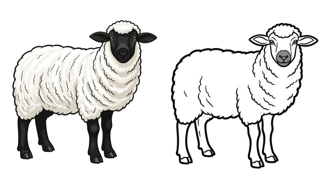 Valais Blacknose Sheep Coloring Page with Colored and Outline Sheep Farm Animal Art