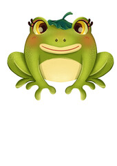 Cute cartoon illustration of a green frog with rosy cheeks, big eyes, and a small leaf on its head. The frog has a friendly and adorable expression, perfect for children’s designs or storybook charact
