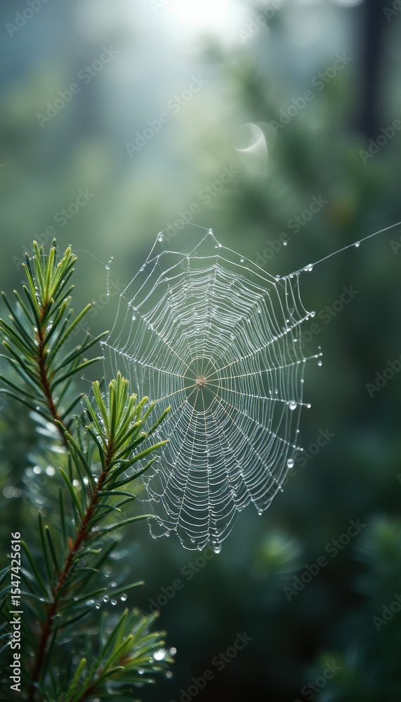 Poster serene spiderweb covered in dewdrops on pine tree branch