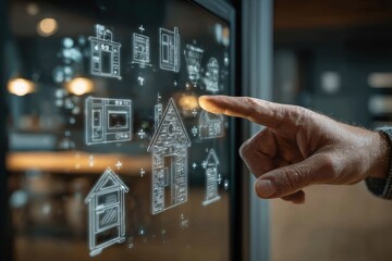 A person's finger pointing to a holographic display of house blueprints and appliances, showcasing smart home technology and architectural design in a modern setting.