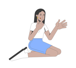 Middle eastern woman in sitting pose expressing herself through sign language 2D cartoon character. Thoughtful girl gesturing flat vector person isolated on white. Spot illustration colorful